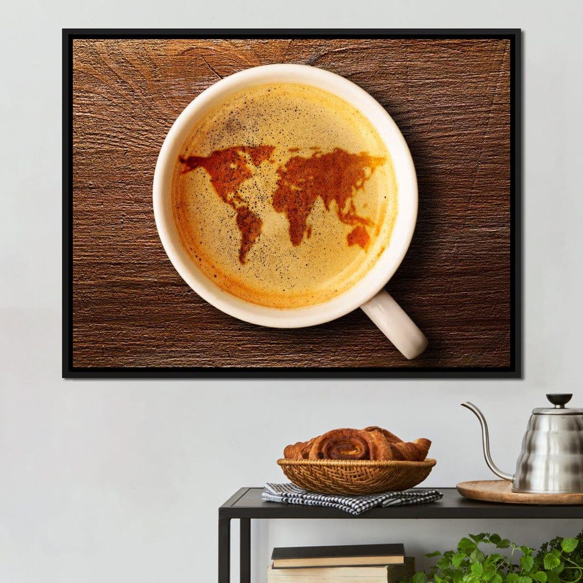 World Map Latte Art Coffee Cup Top View Kitchen Cafe Decor Wall Poster - Image 2