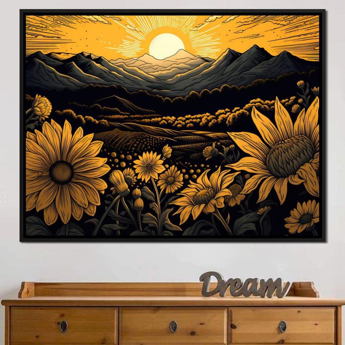 Golden Hour Sunflower Field At Sunset Mountain Landscape Art Poster