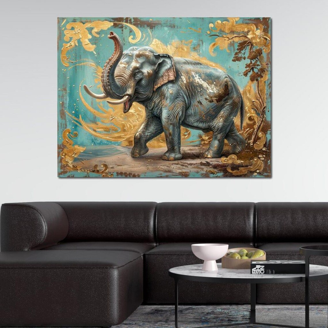 Triumphant Elephant Raised Trunk Turquoise Gold Wildlife Wall Art - Image 3