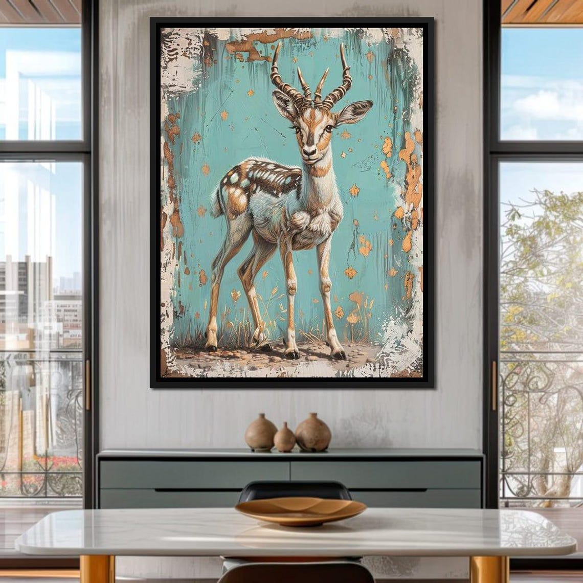 Antelope On Turquoise Distressed Rustic Boho Nature Animal Art Poster