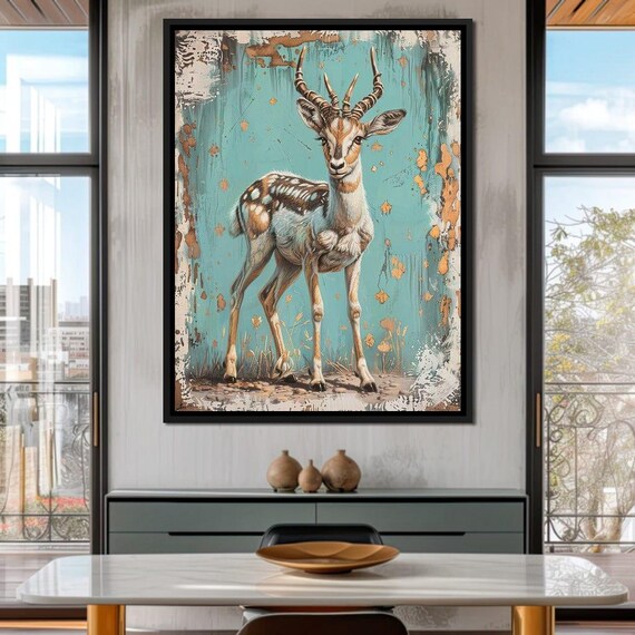Antelope On Turquoise Distressed Rustic Boho Nature Animal Art Poster