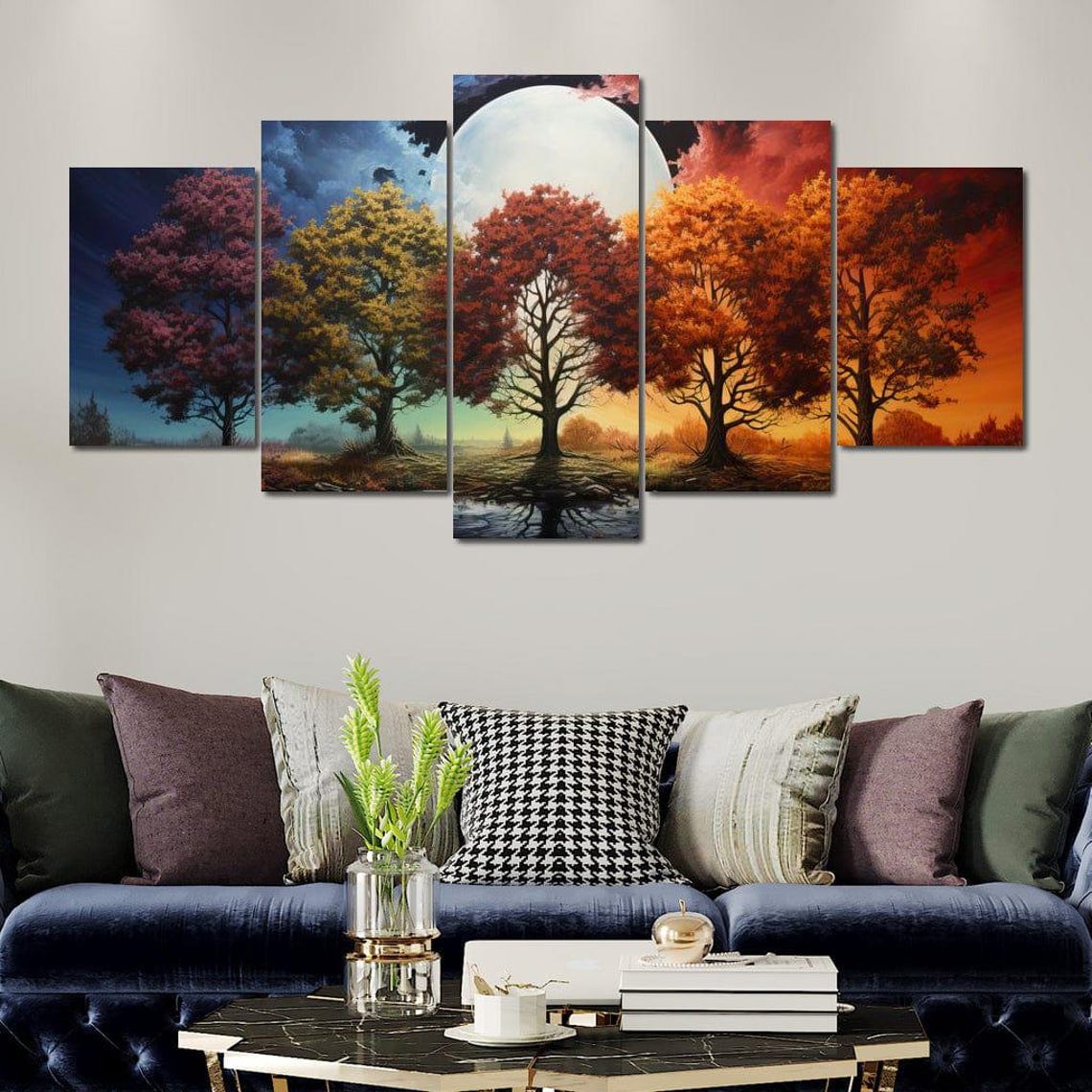 Four Seasons Five Trees Full Moon Five Panel Nature Wall Art Poster - Image 4