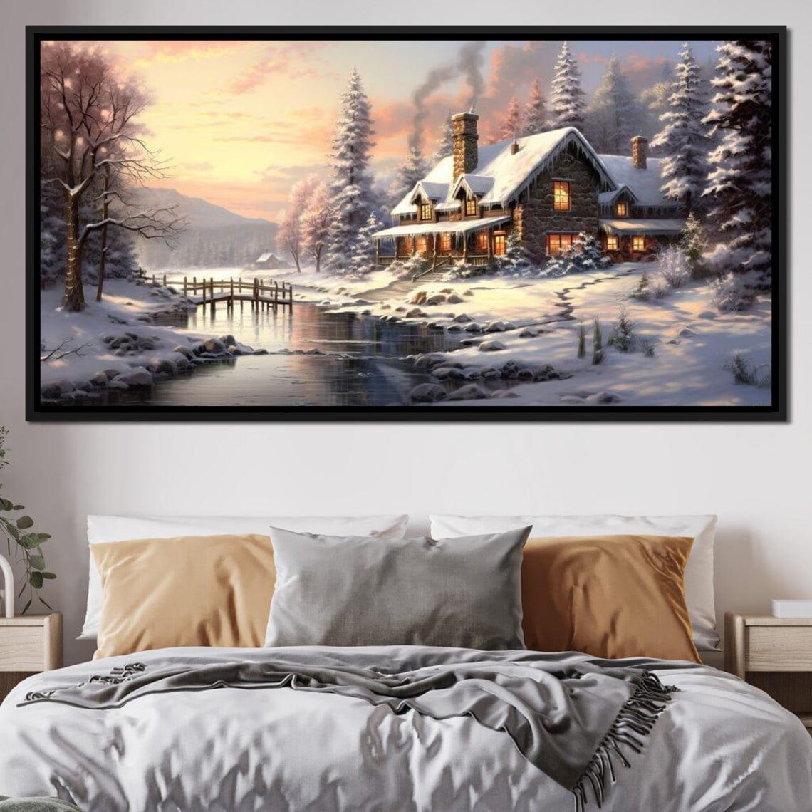 Christmas Cottage Home Cozy Snowy Cabin Sunset Holiday Poster - Image 3