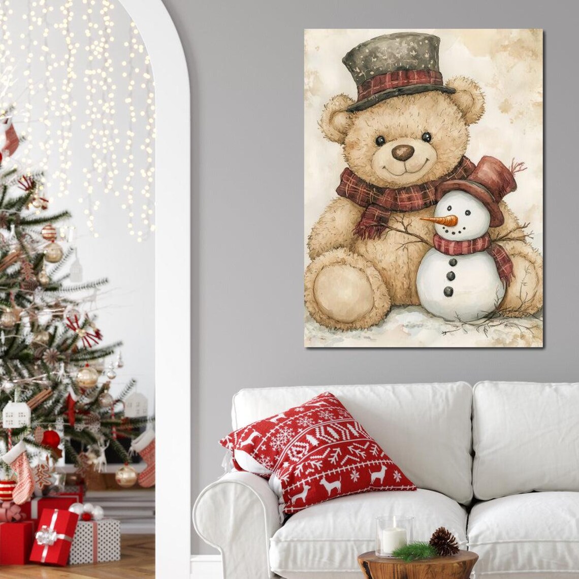 Teddy Bear And Snowman Wearing Winter Hats Vintage Xmas Poster - Image 2