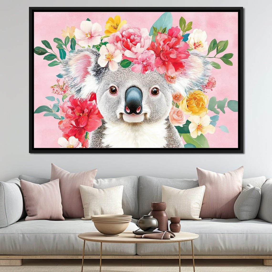 Cute Koala Floral Crown Pink Background Framed Australian Wall Art - Image 4