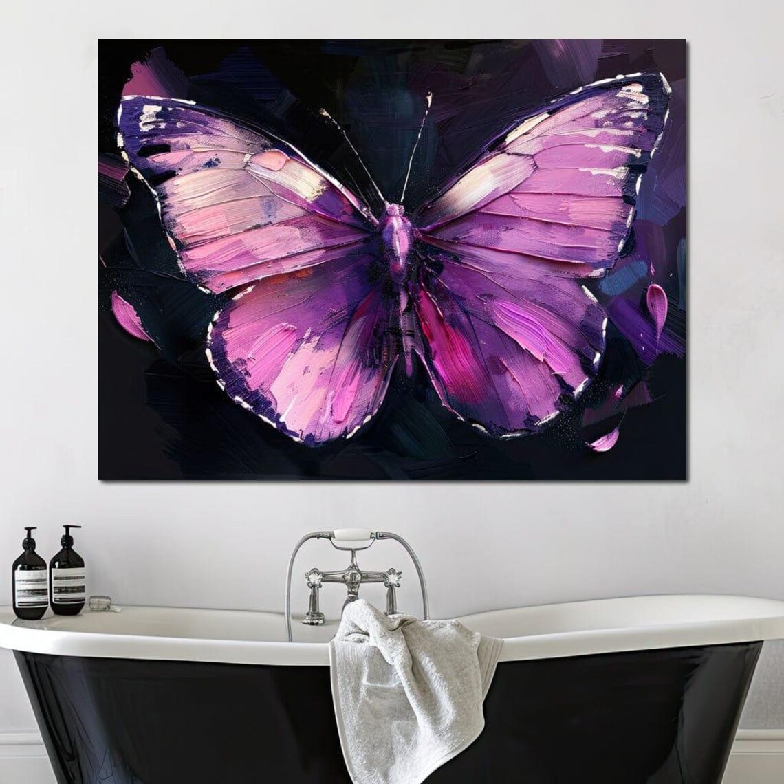 Purple Pink Butterfly Palette Knife Textured Painting Dark Wall Art - Image 2