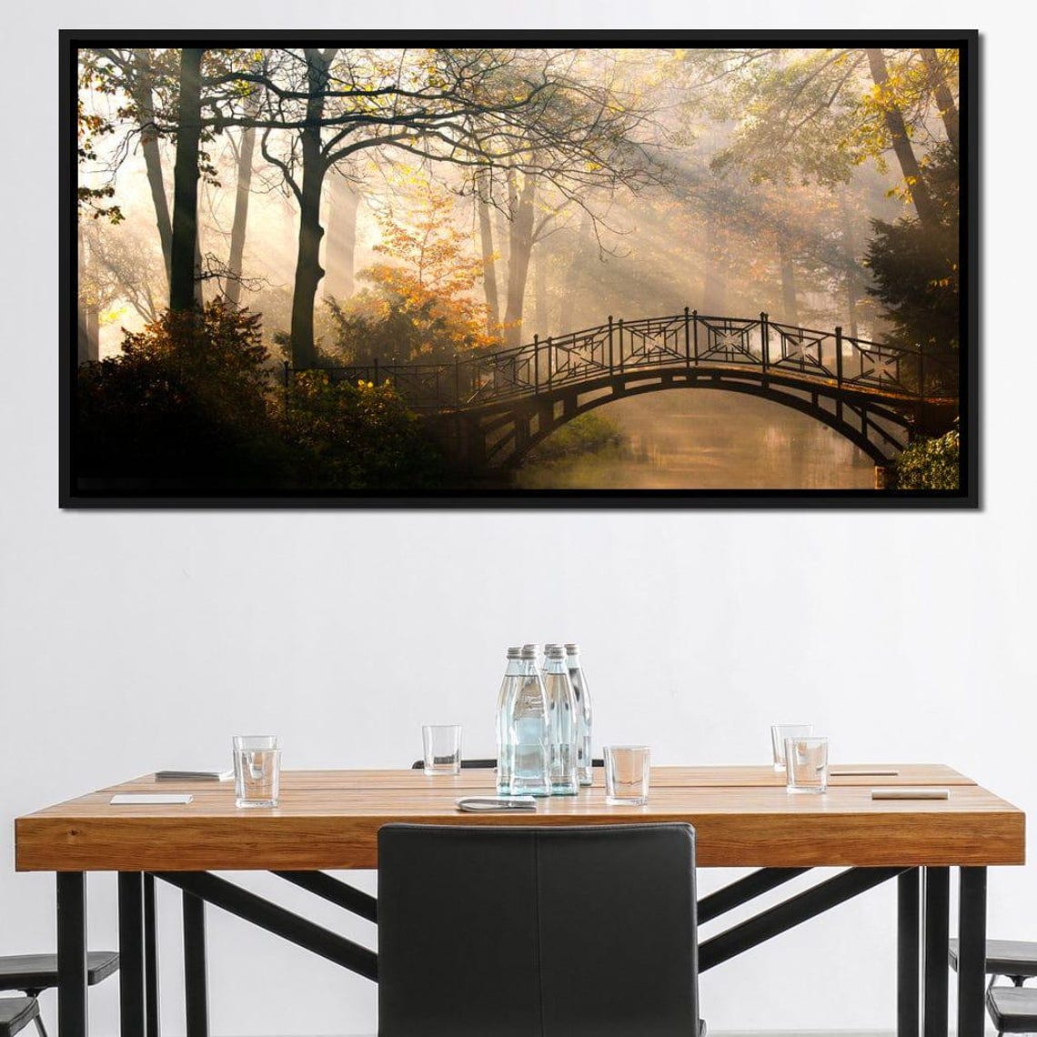Misty Park Bridge Autumn River Golden Morning Landscape Travel Poster - Image 2