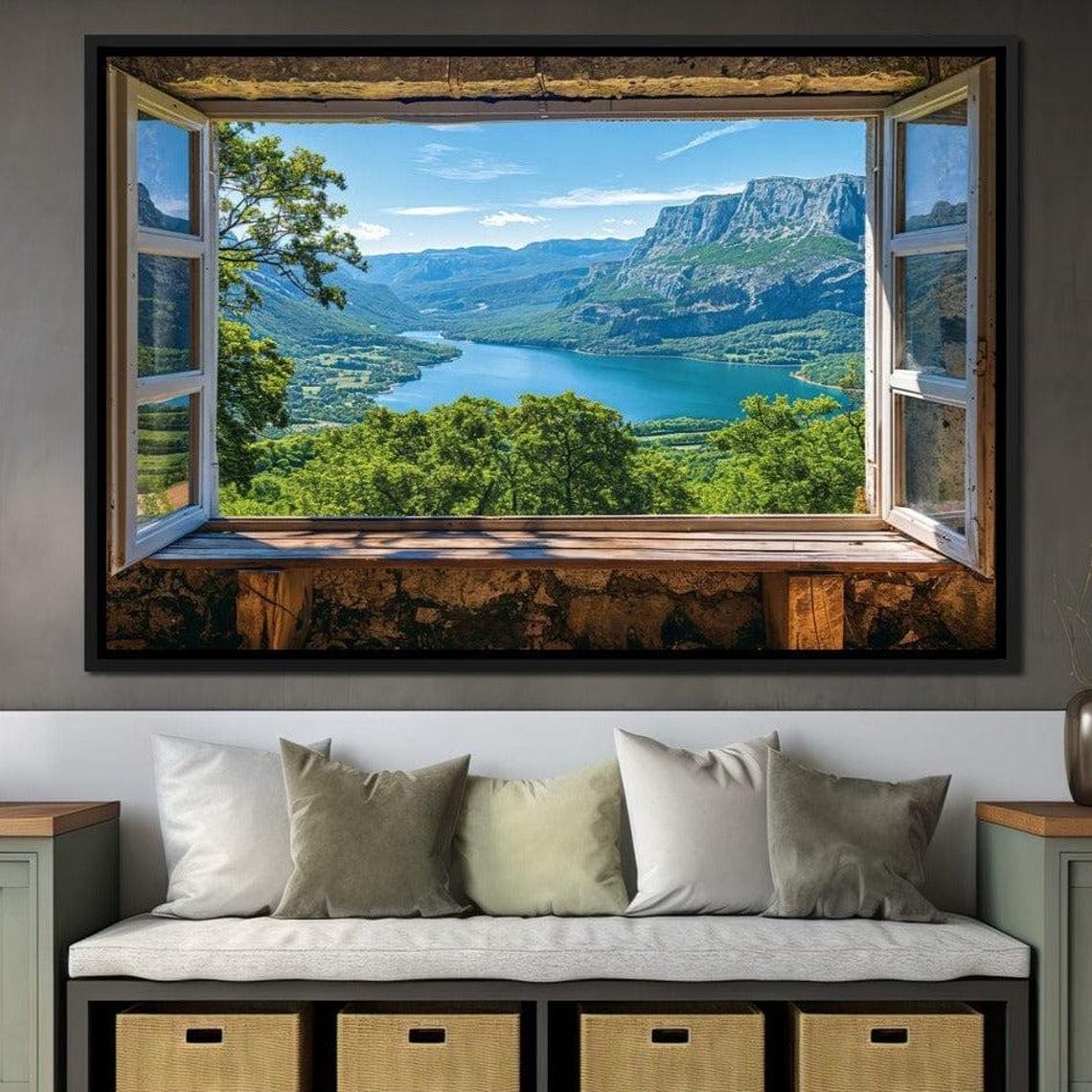 Valley River View Open Window Illusion Green Cliffs Lake Wall Poster