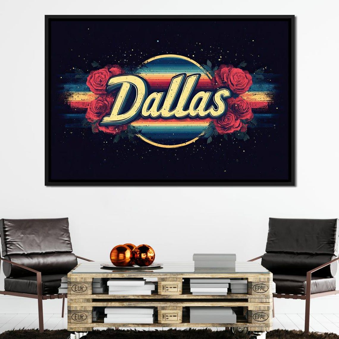 Dallas Retro 70s Script Red Roses Rainbow Sunset Circle Poster - Image 3