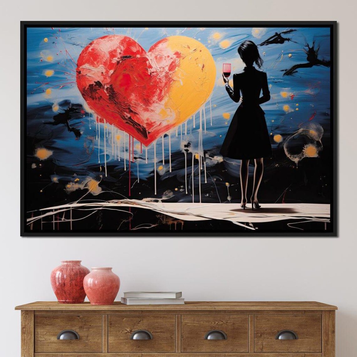 Twilight Toast Woman Silhouette With Wine Glass Giant Heart Art Poster