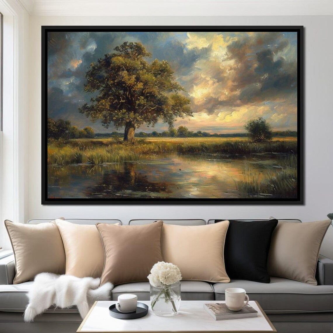 Golden Oak Reflections Scenic Landscape Art Print - Image 2