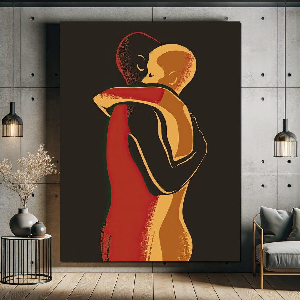 Golden Embrace Abstract Couple Love Minimalist Modern Wall Art - Image 2