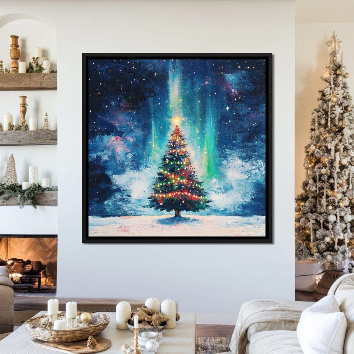 Lit Christmas Tree Under The Northern Lights Night Sky Poster - Image 3