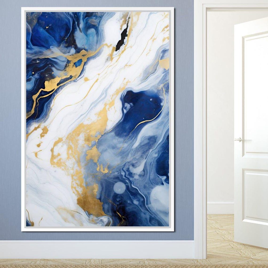 Blue White Gold Fluid Marble Elegant Vertical Abstract Wall Art - Image 4