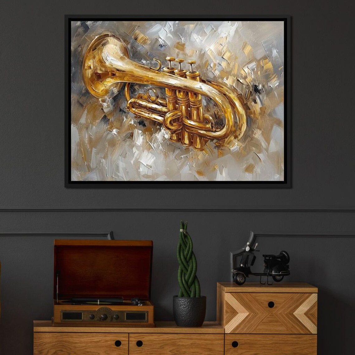 Golden Trumpet Brass Instrument Abstract Gray Background Music Art Poster