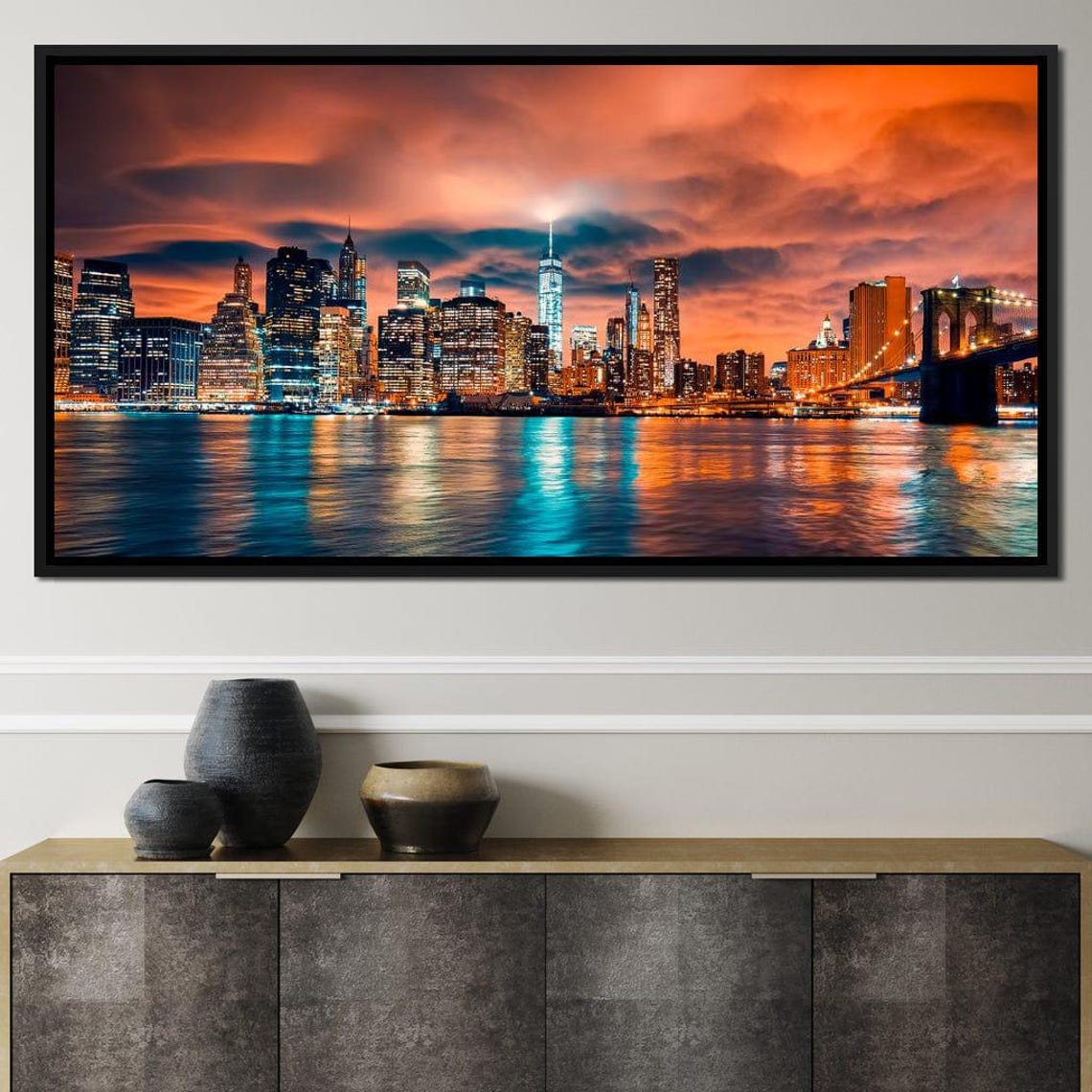 New York City Manhattan Skyline Brooklyn Bridge Sunset View Poster