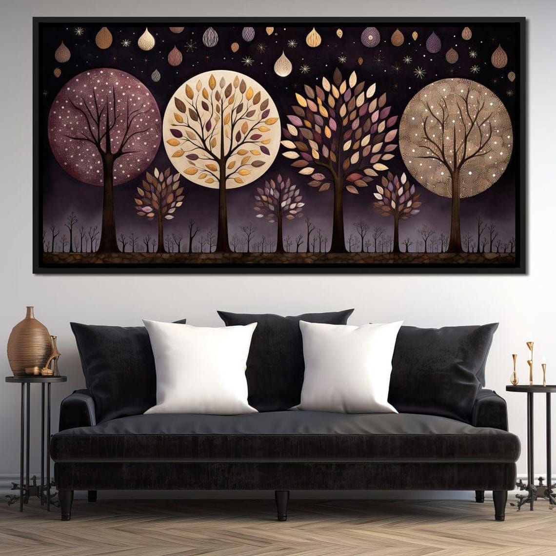 Four Seasons Stylized Trees Full Moon Starry Night Forest Wall Art - Image 2