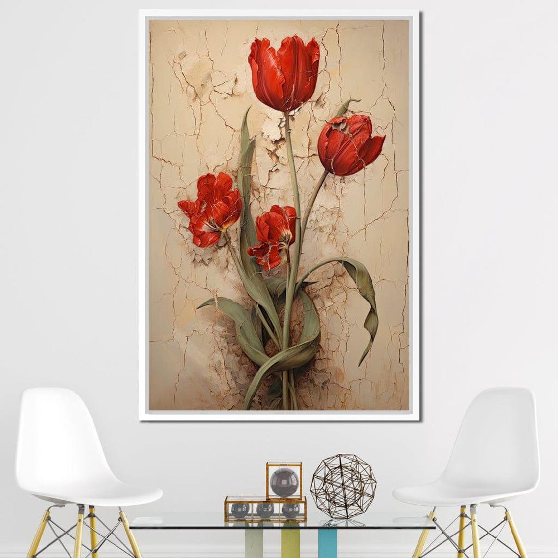 Red Tulips Vintage Cracked Texture Botanical Still Life Art Poster - Image 4