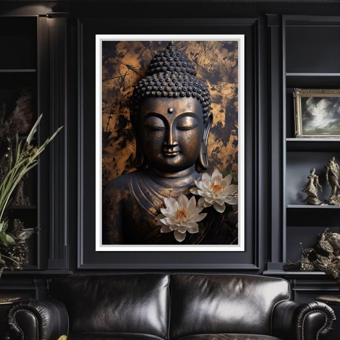 Bronze Buddha Head With White Lotus Flowers Zen Wall Art Poster - Image 4