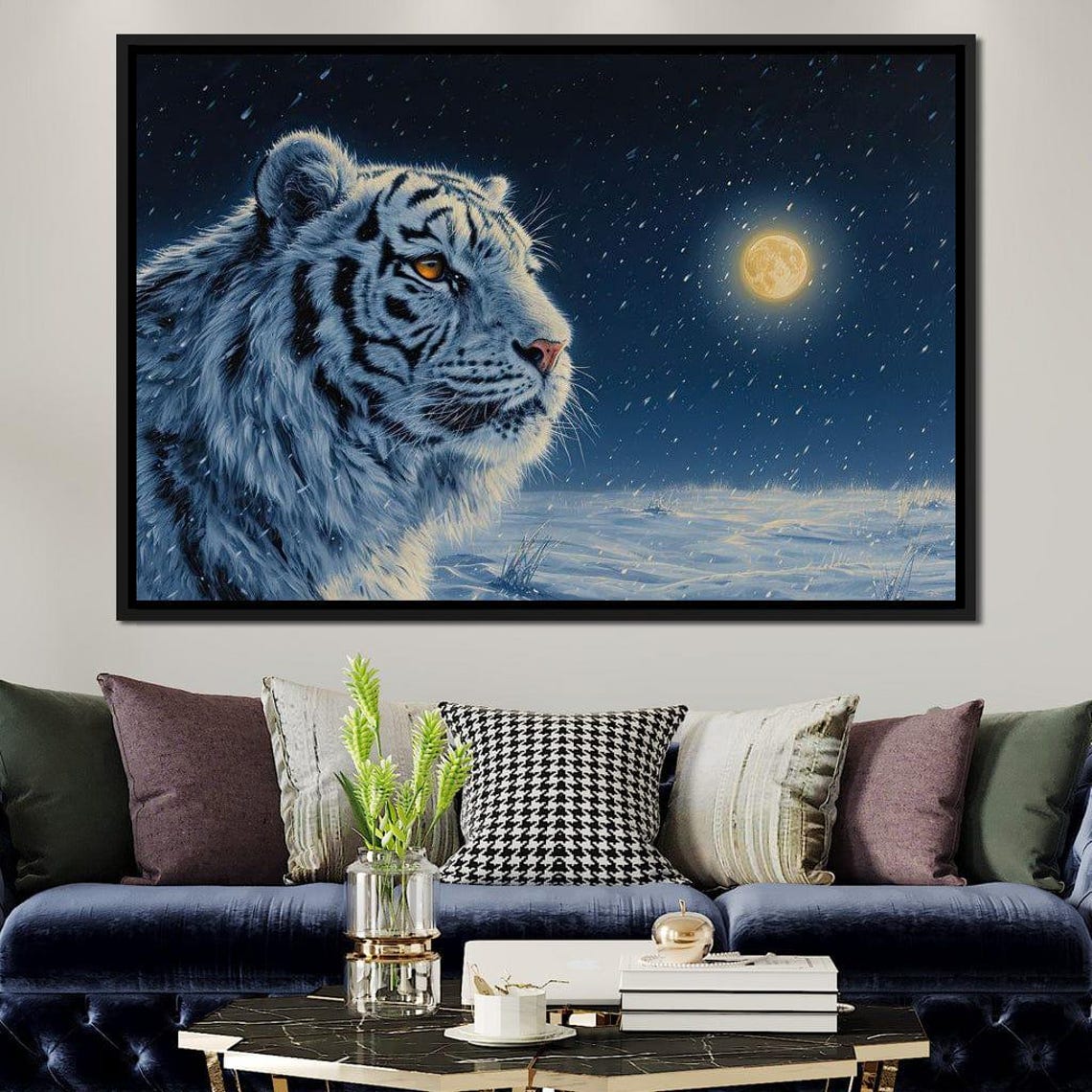 White Tiger Snowy Night Moonlight Serene Wildlife Portrait Art Poster - Image 3