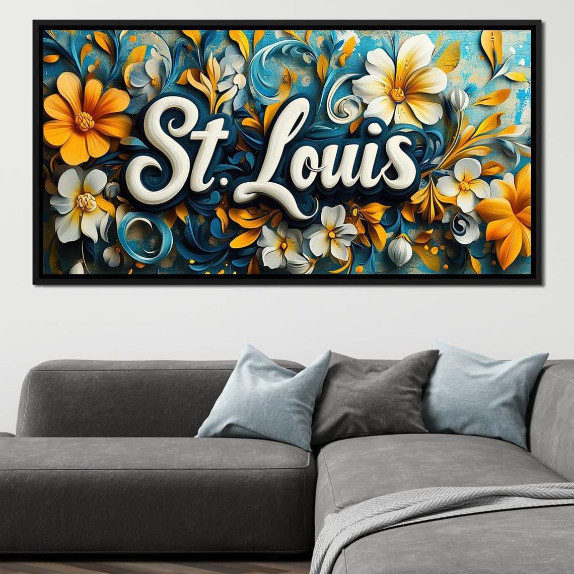 St. Louis Script Typography Teal Gold Orange Floral Wall Art Poster - Image 2