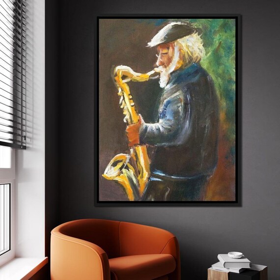 Saxophone Player Elderly Jazz Musician Impressionist Painting Moody Wall Art