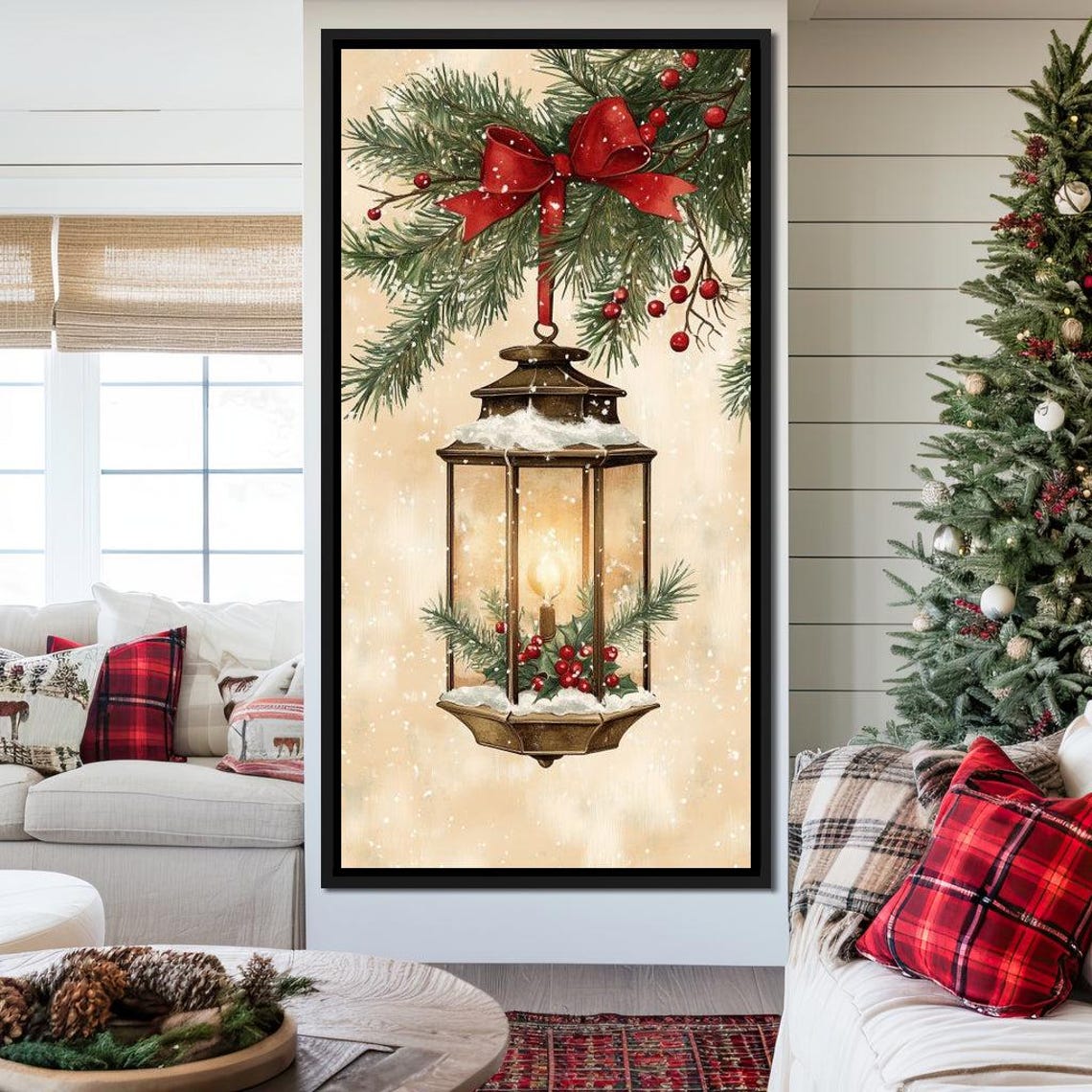 Glowing Christmas Lantern With Red Bow Pine Branches Holiday Poster - Image 4