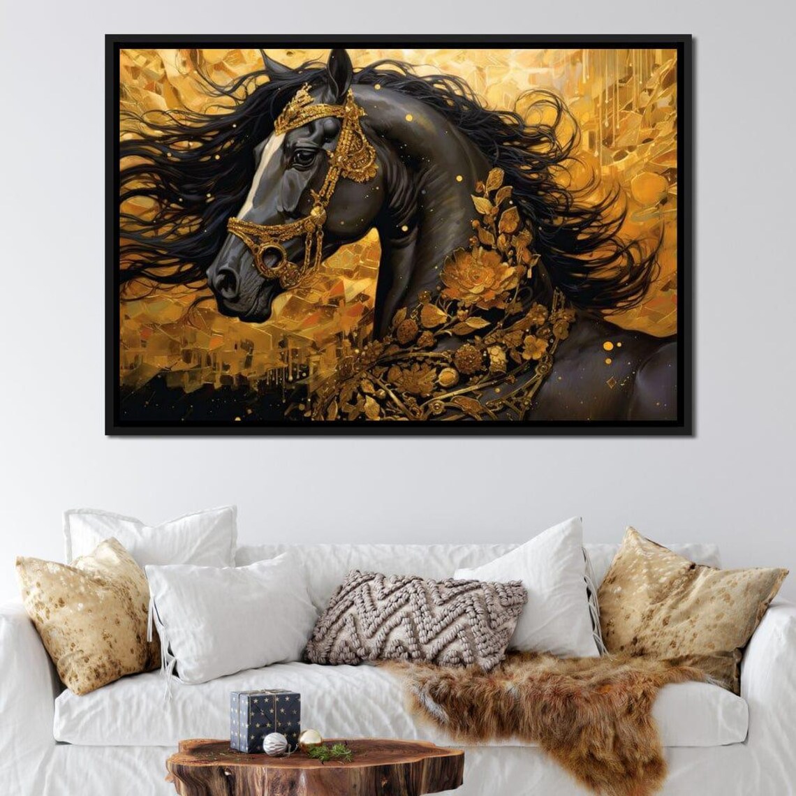 Black Horse Golden Bridle Floral Luxury Equine Portrait Wall Poster - Image 4