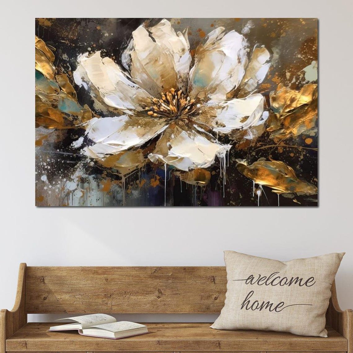 Ivory Bloom Abstract Five Panel Neutral Gold Floral Wall Art Poster - Image 3