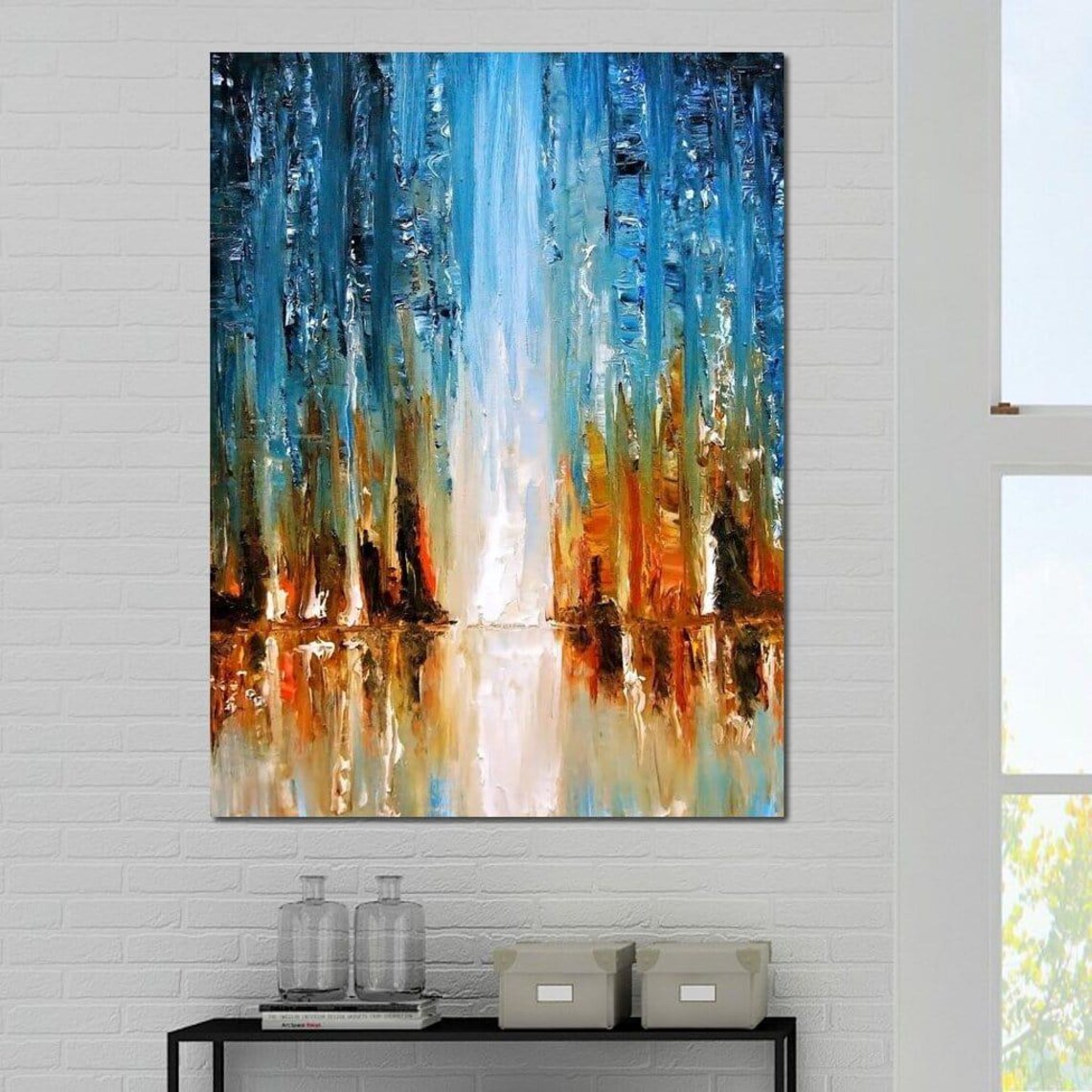 Blue Orange Reflective Water Impasto Abstract Oil Painting Poster - Image 4