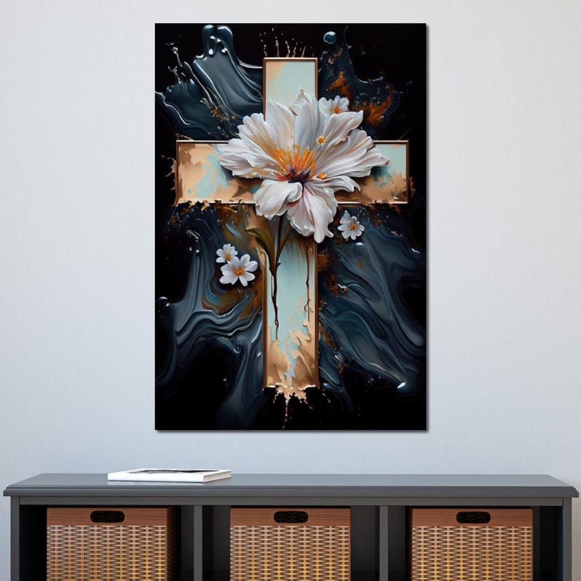 Golden Cross With White Flowers Dark Marble Spiritual Wall Art Poster - Image 3