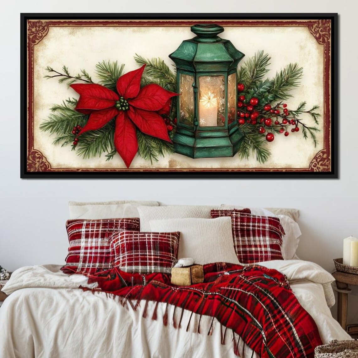 Vintage Green Candle Lantern Poinsettia Pine Holiday Art Poster - Image 3