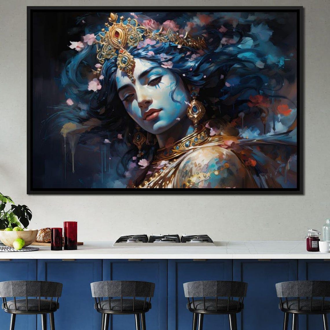 Ethereal Blue Hindu Goddess Golden Crown Floral Mystical Wall Art