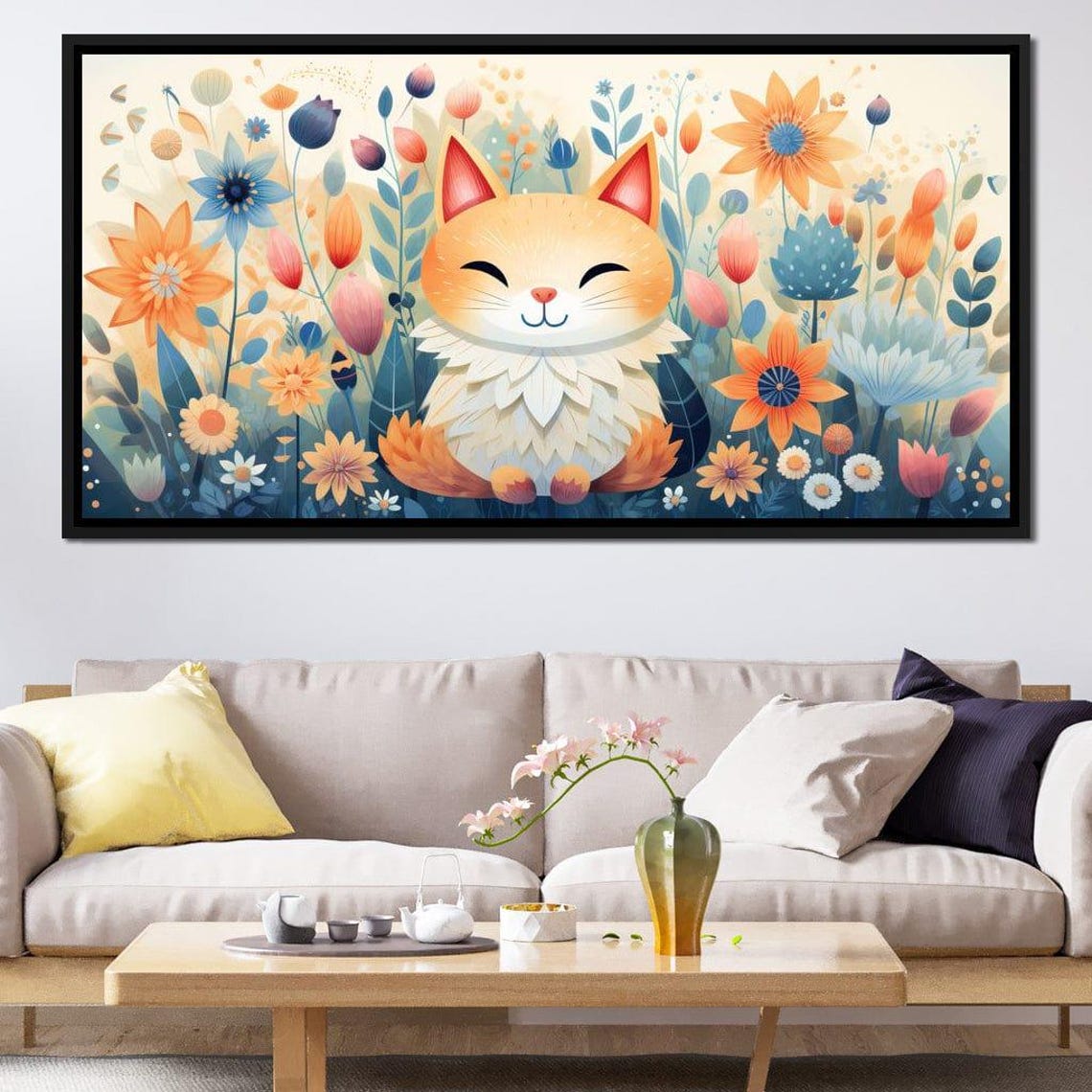 Whimsical Smiling Orange Cat Pastel Floral Garden Nursery Poster - Image 4