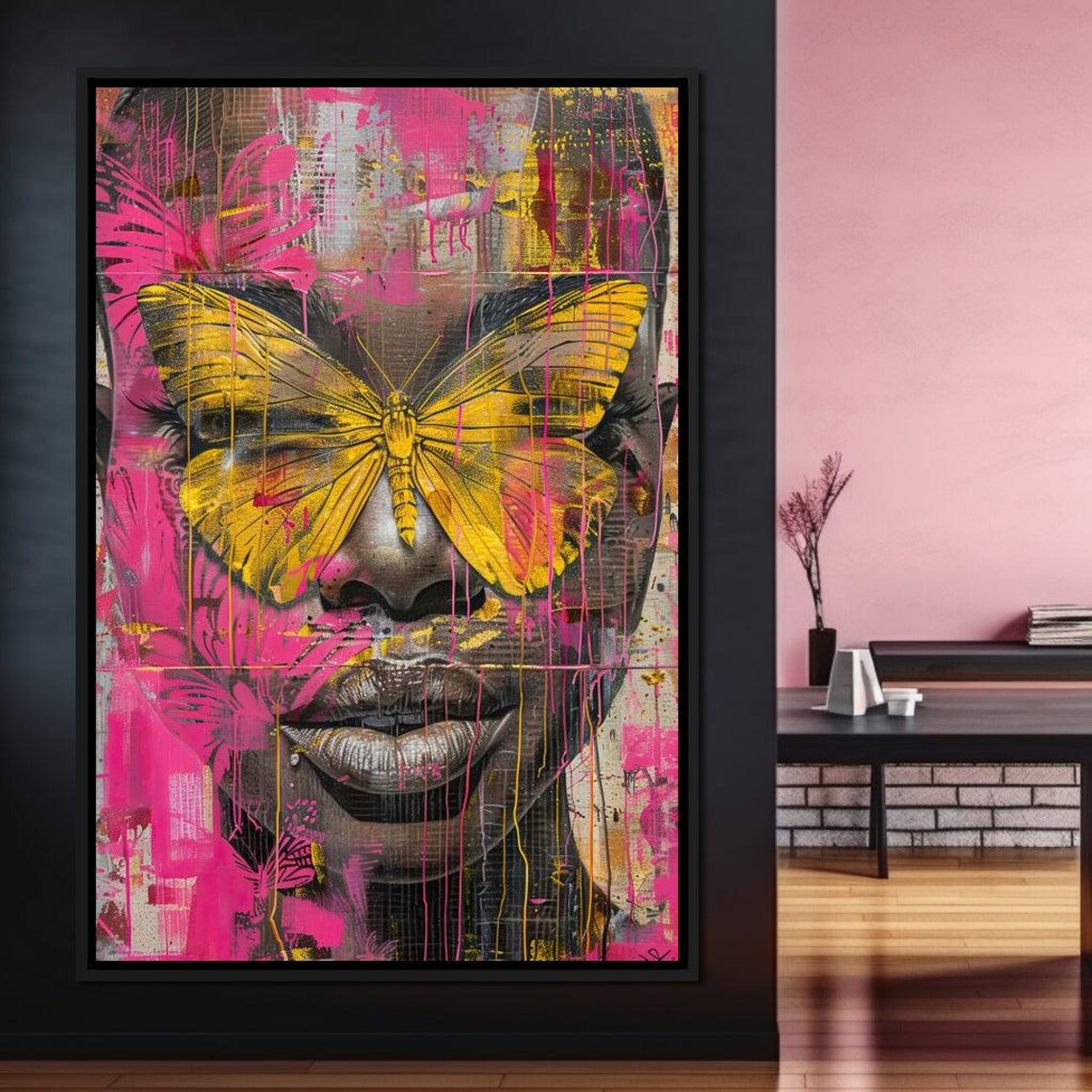 Yellow Butterfly Mask Woman Pink Paint Drip Graffiti Portrait Poster - Image 4