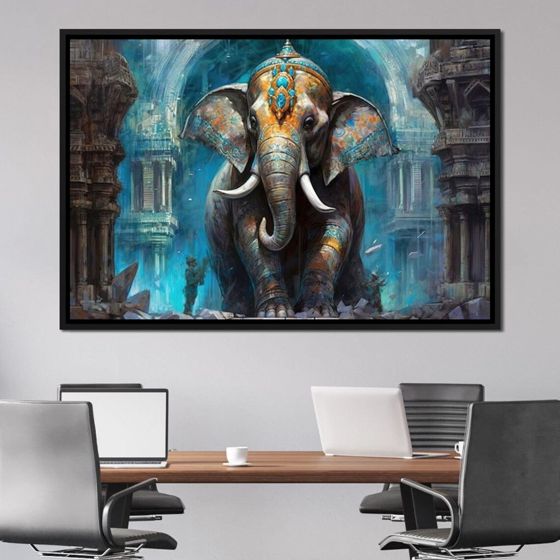 Temple Guardian Elephant Mystical Blue Indian Ruins Spiritual Poster