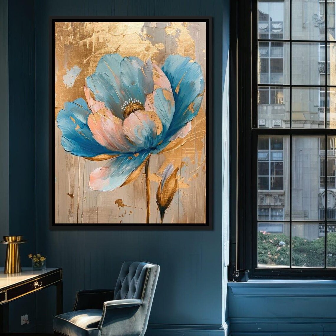 Blue Peach Poppy Flower Gold Textured Background Elegant Art Poster