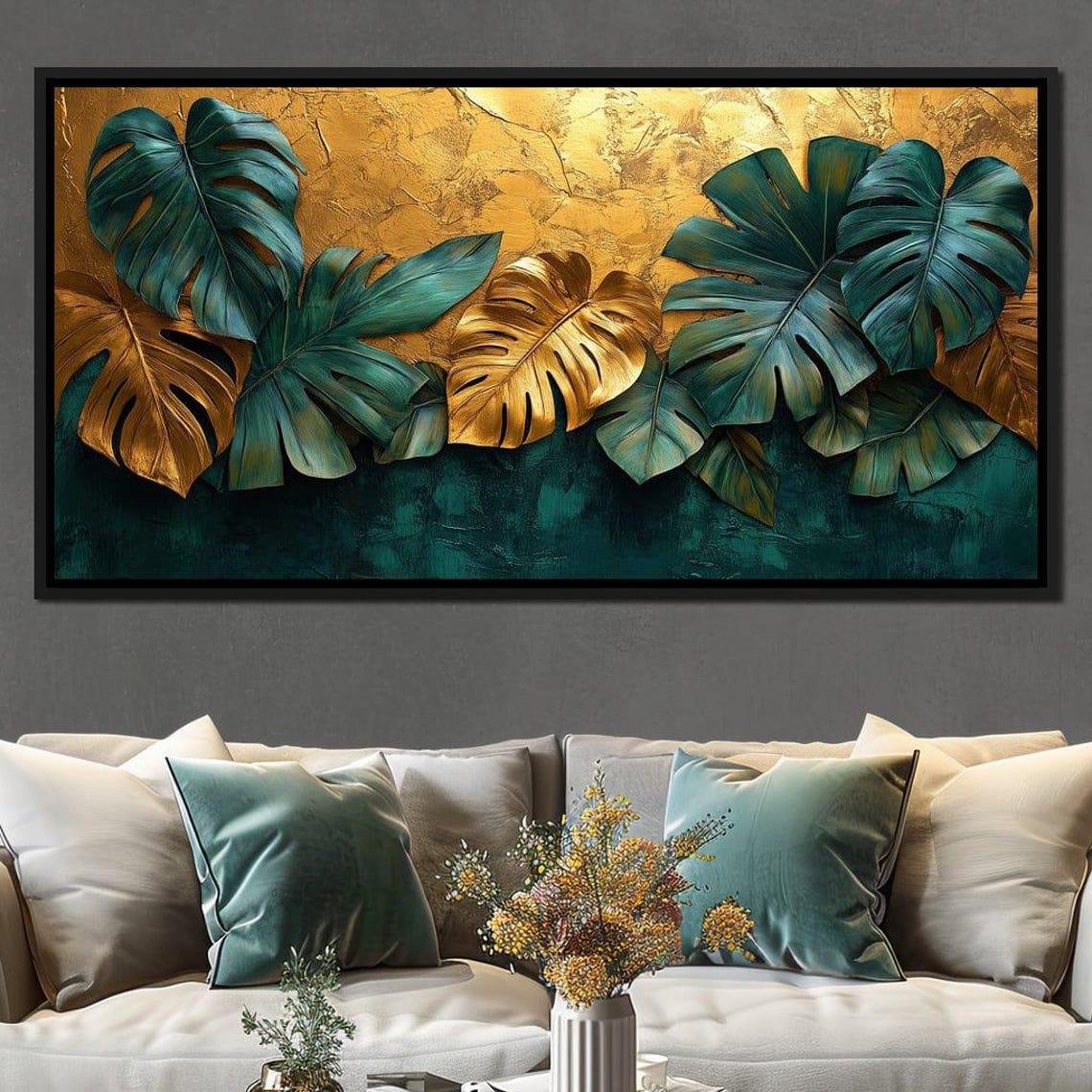 Golden Monstera Leaves Green Teal Luxe Botanical Elegance Wall Art