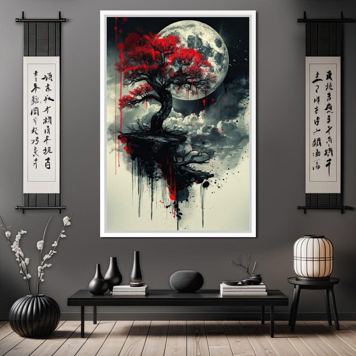 Red Maple Bonsai Full Moon Floating Ink Wash Japanese Art Poster - Image 4