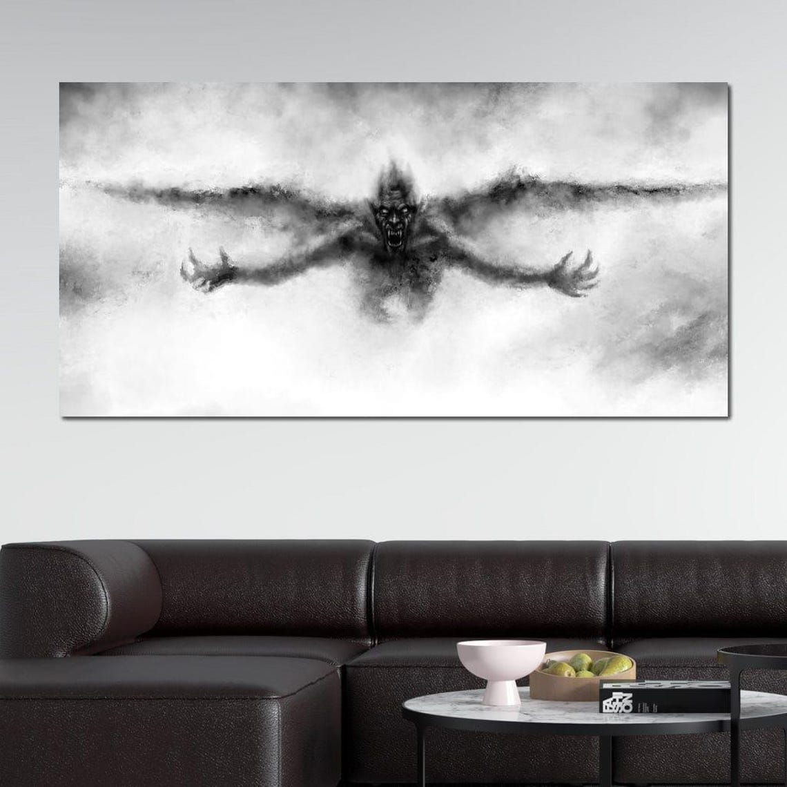 Dark Winged Demon Rising Mist Gothic Black White Horror Fantasy Poster - Image 2