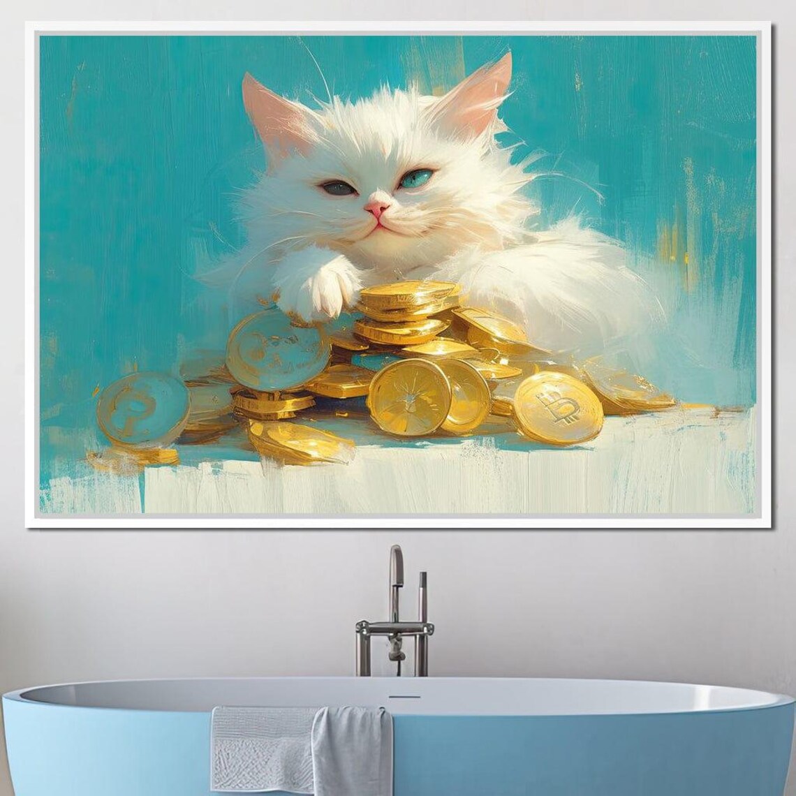 White Lucky Cat Gold Coins Turquoise Background Cute Fortune Kitty Art Poster