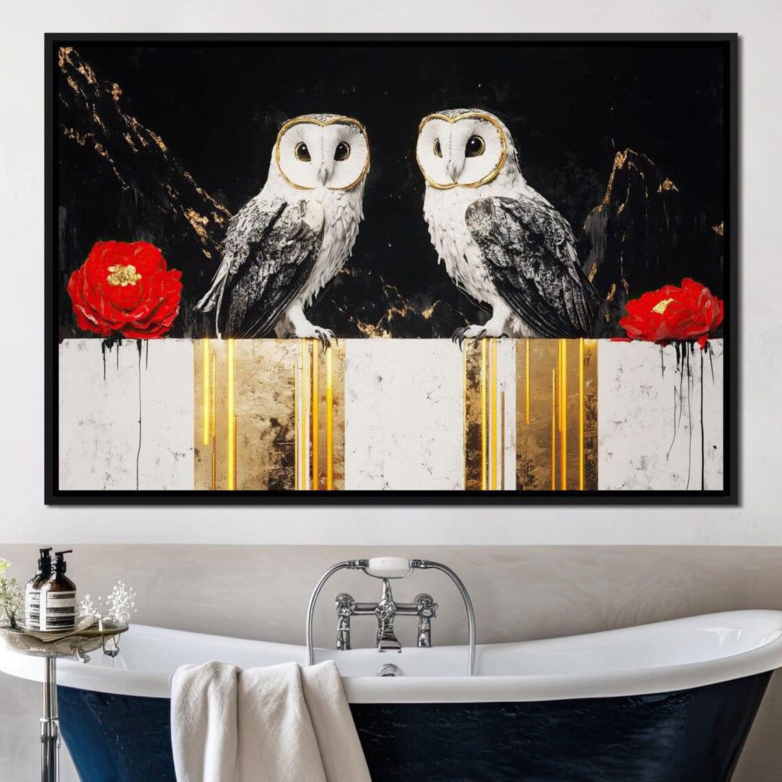Two White Barn Owls On Gold Black Marble Red Flowers Art Poster - Image 3