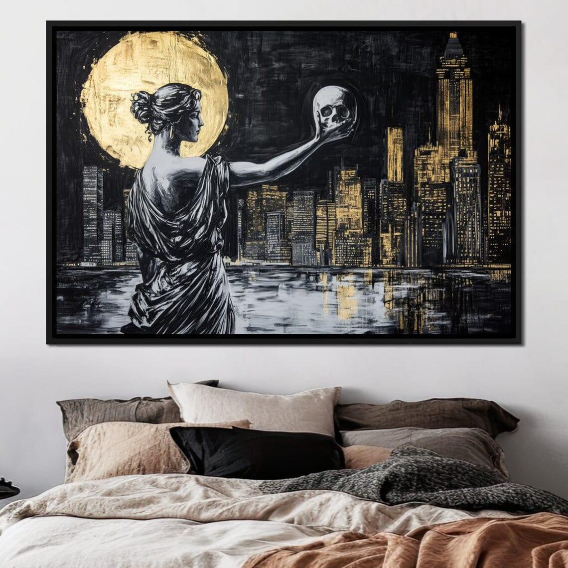 Greek Statue Woman Skull Gold Moon Night City Skyline Wall Art