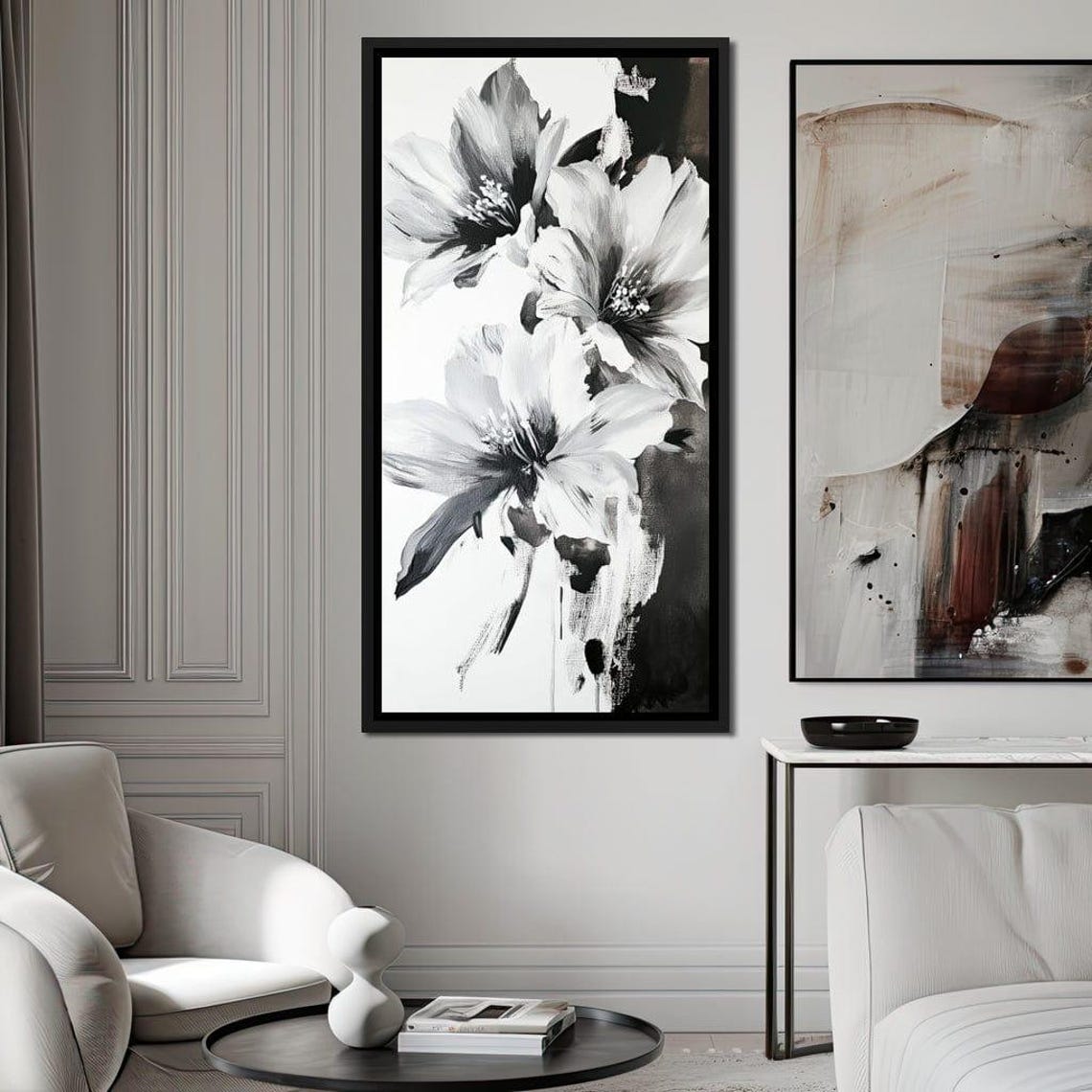 Black and White Floral Abstract Minimalist Botanical Wall Art Print - Image 2