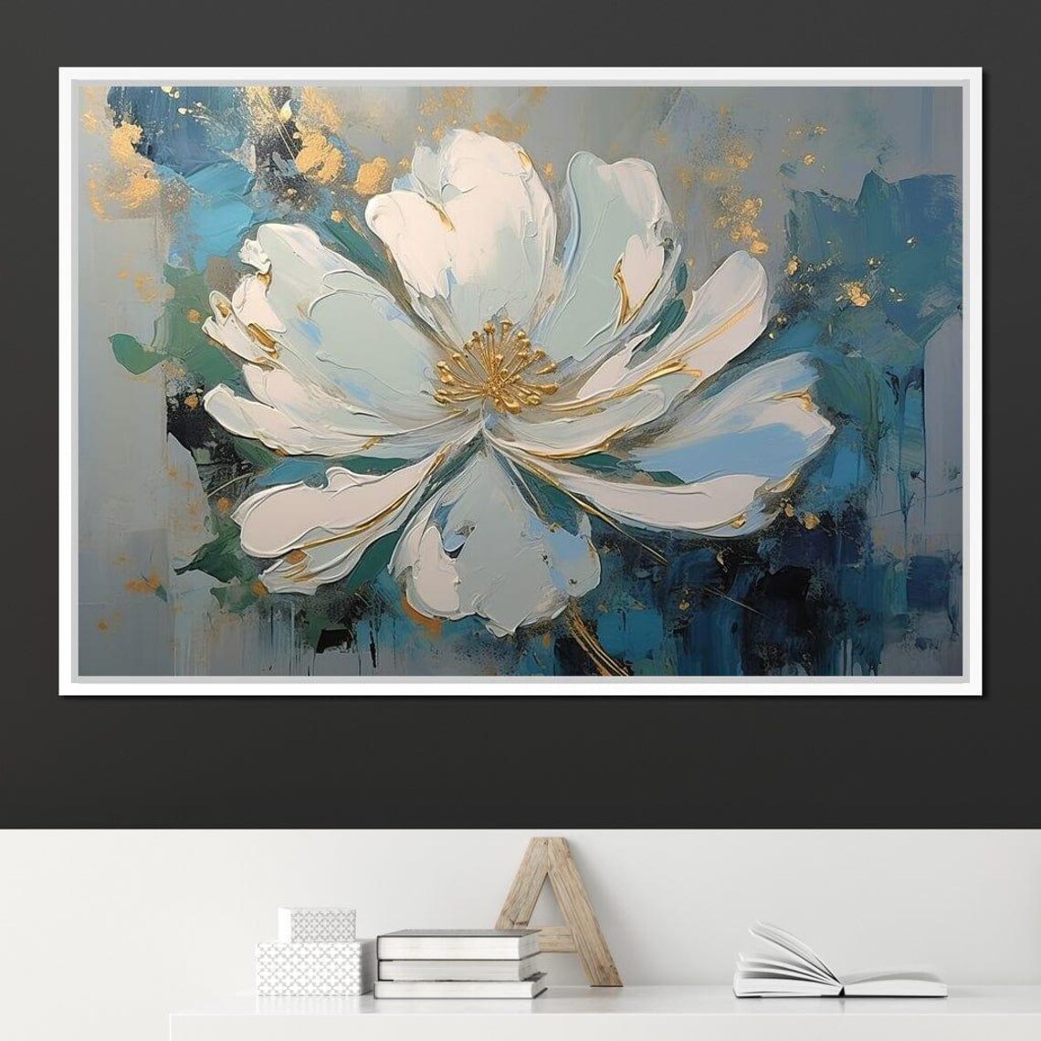 White Flower Gold Center Teal Blue Impasto Floral Wall Art Poster
