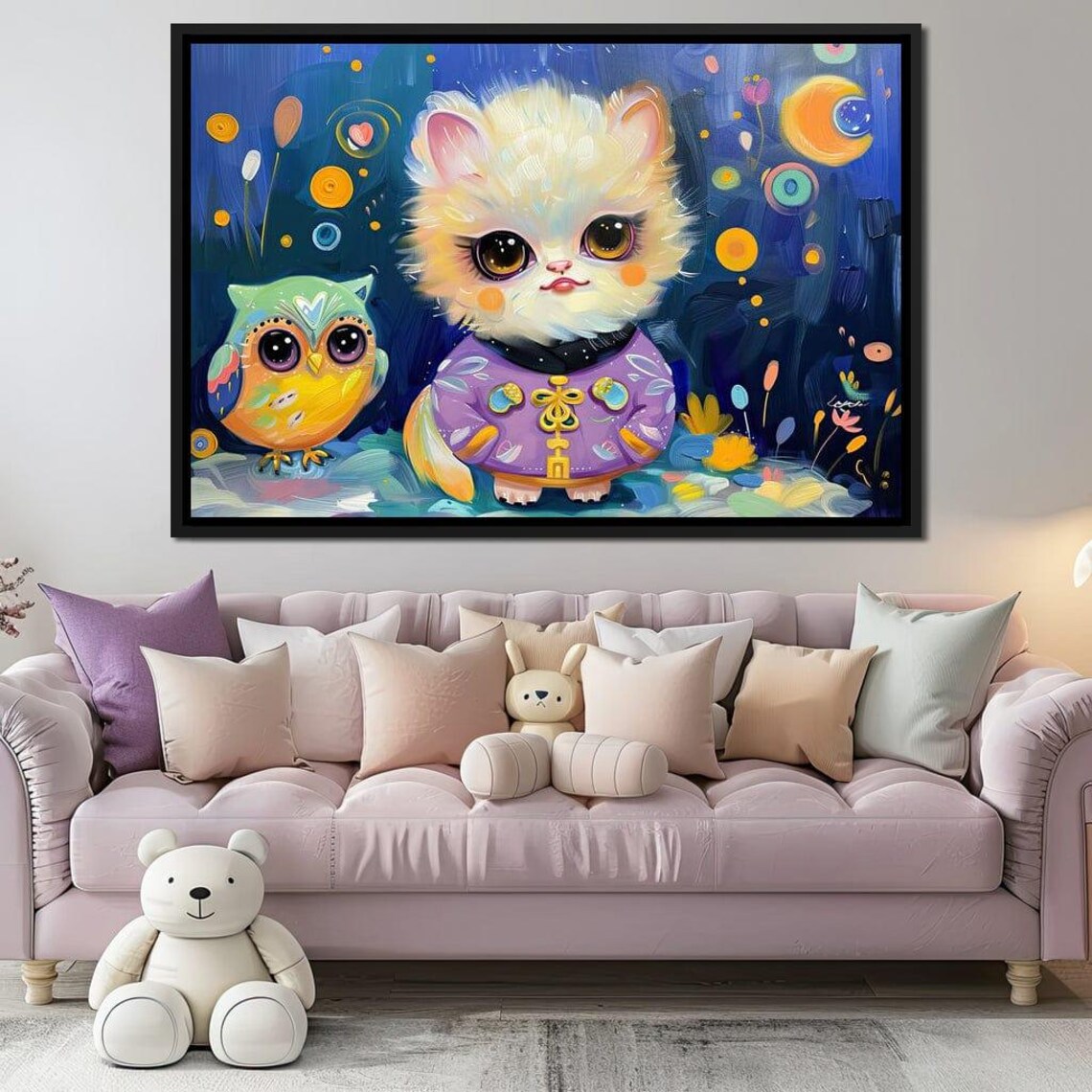 Whimsical Kitten Owl Fantasy Painting Big Eyes Night Magic Kids Room Poster - Image 2