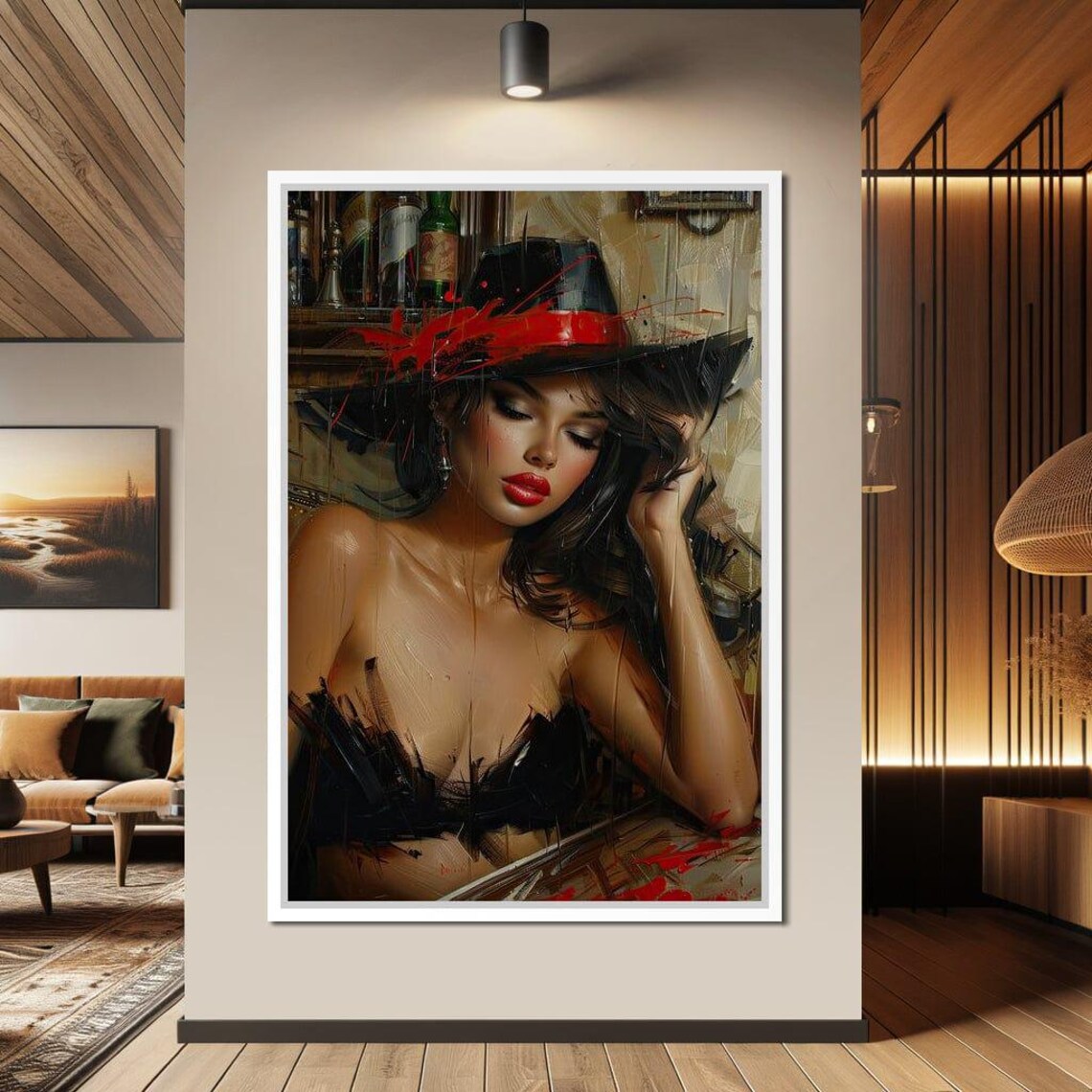 Noir Fedora Woman Red Band Dramatic Bar Room Portrait Art Print - Image 2