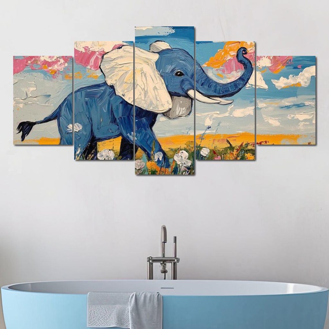 Baby Blue Elephant Flower Meadow Pink Sky Impasto Painting Wall Art Poster - Image 4