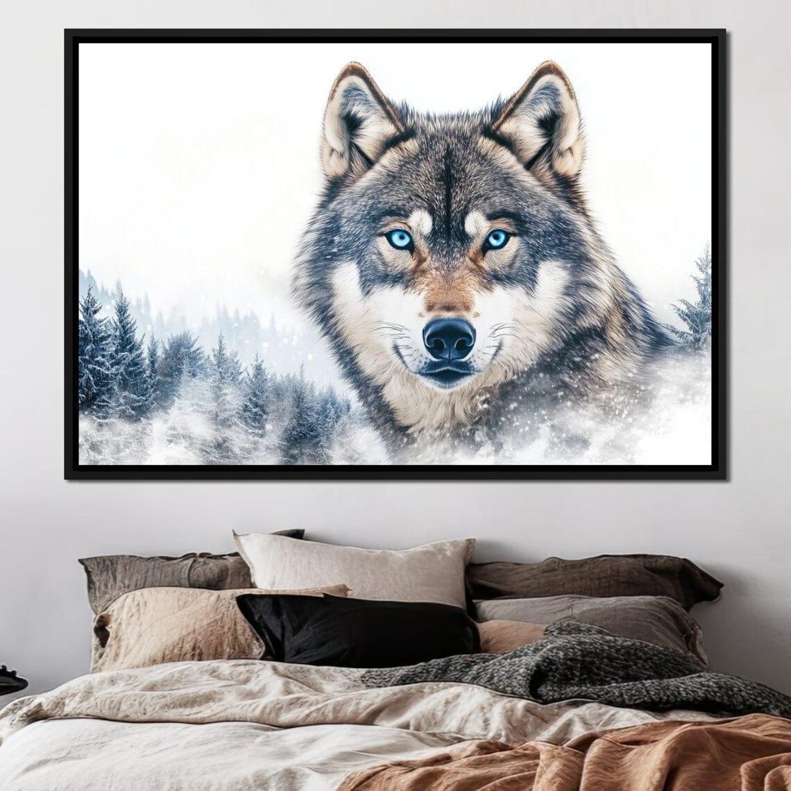 Arctic Wolf Blue Eyes Snowy Pine Forest Winter Wildlife Wall Art - Image 3