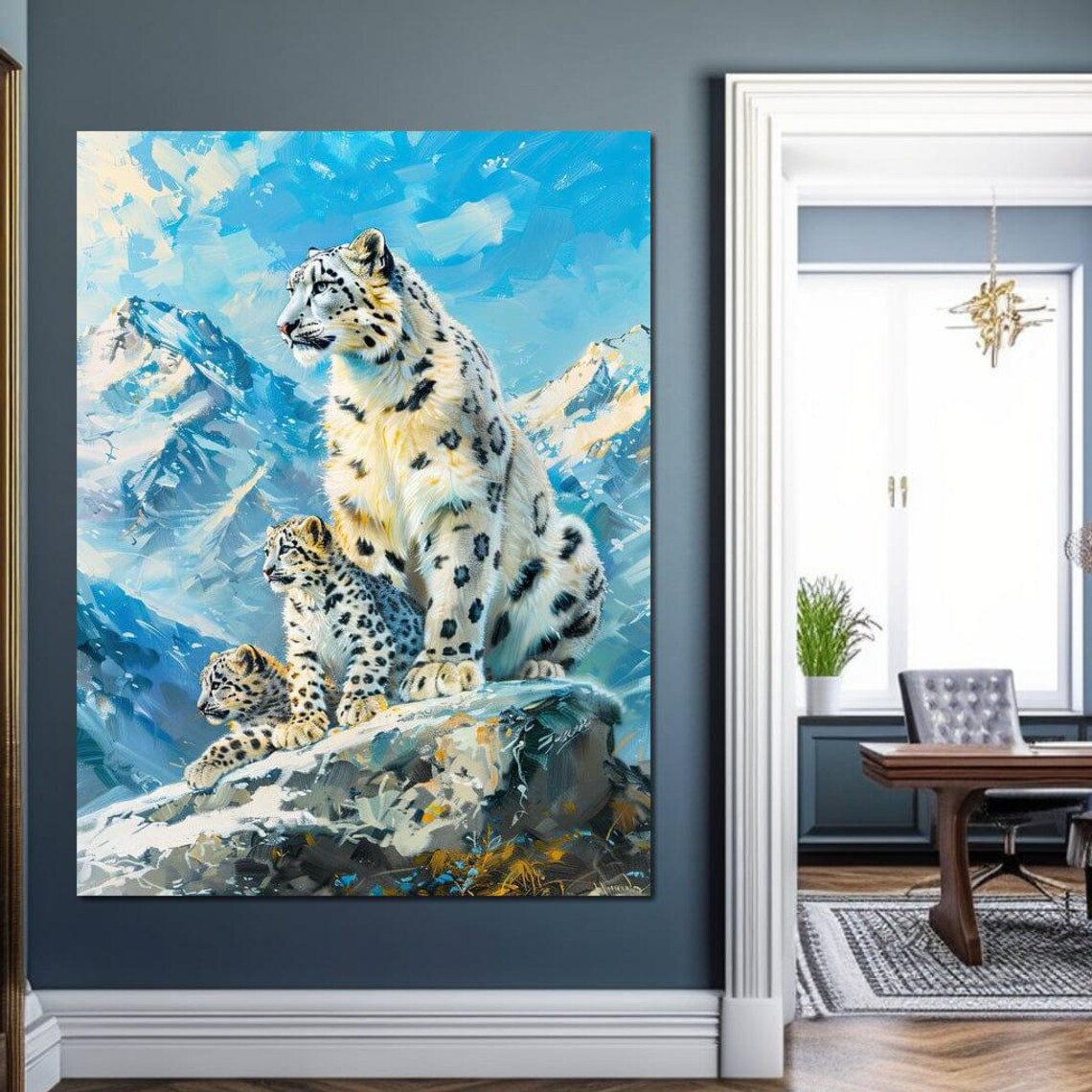 Snowbound Leopard Majesty Mother Cubs Snowy Peak Wildlife Poster - Image 2